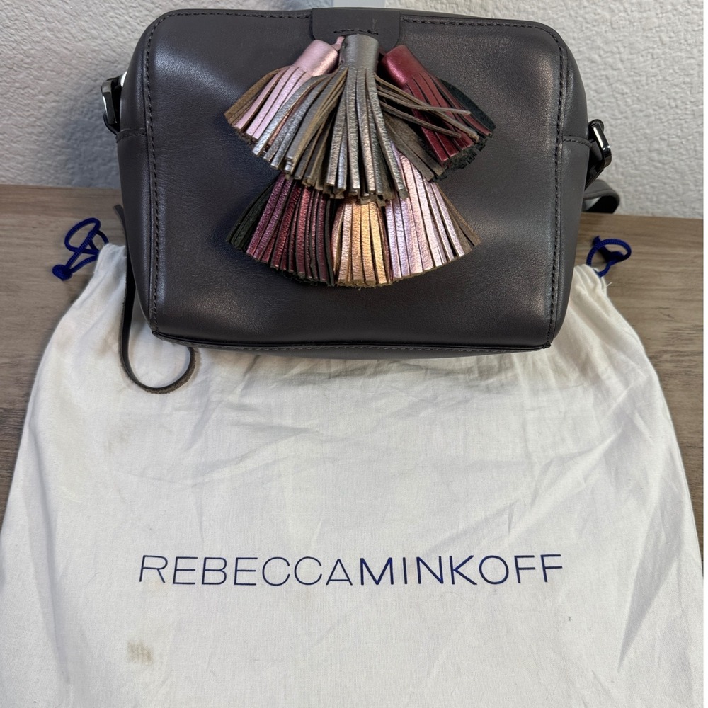 Rebecca Minkoff Leather Camera Bag Gray Crossbody Metallic‎ Tassel Boho Chic